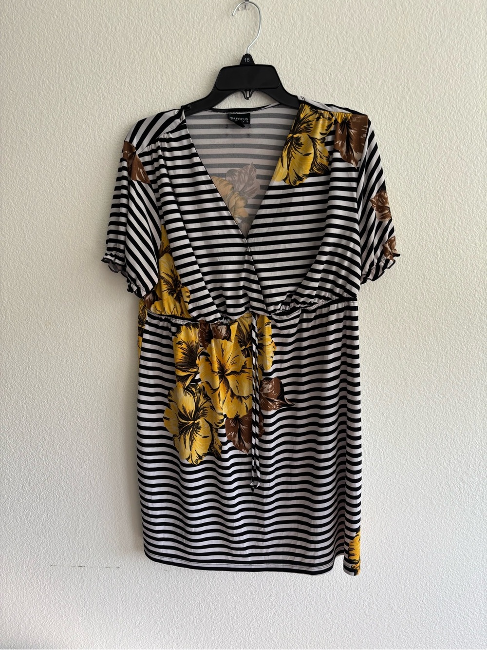 Soprano Black & White Striped Mini Dress with Yellow Floral Accents